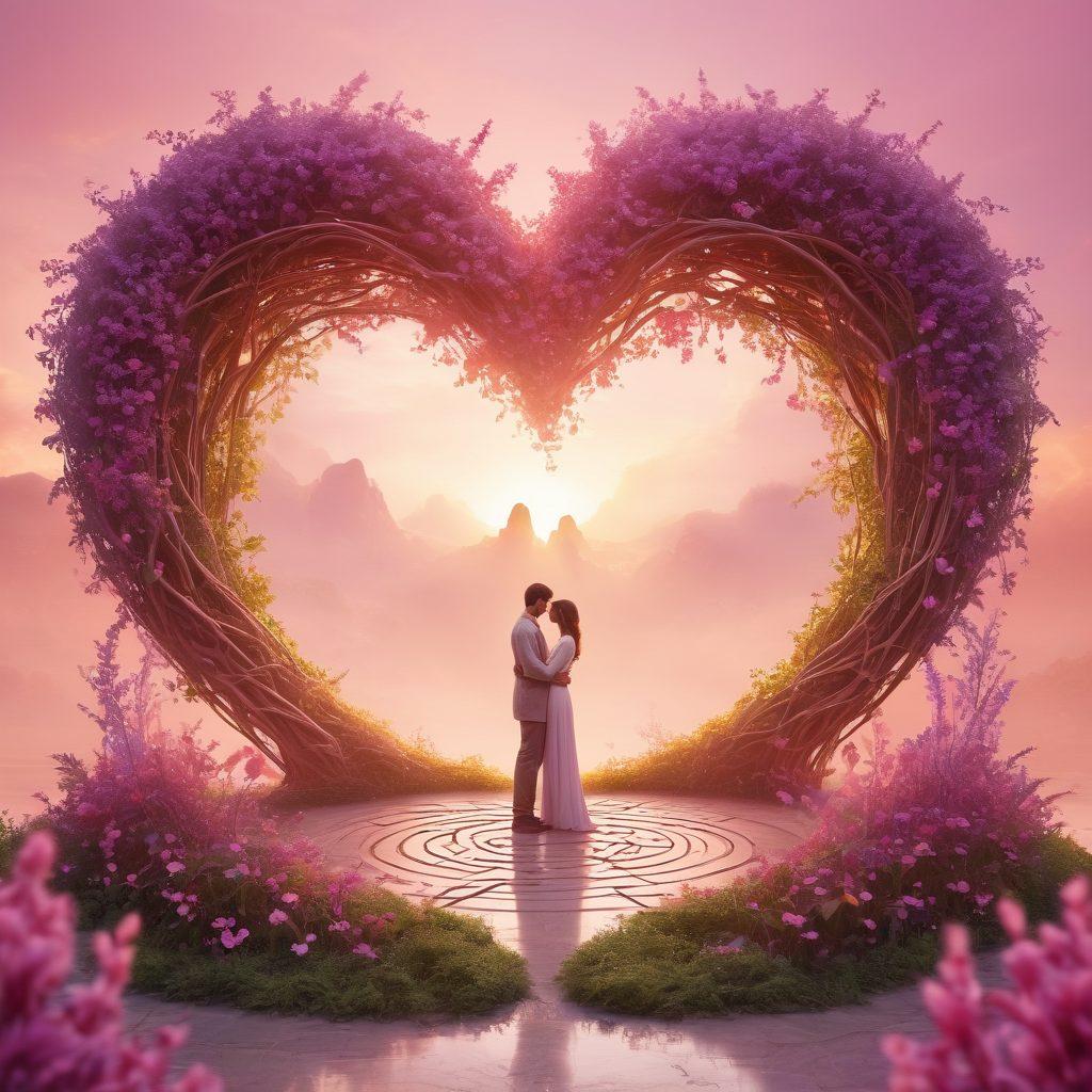 A heart-shaped labyrinth made of intertwined vines and flowers, symbolizing the complexity of love. In the center, two diverse figures hold hands, surrounded by soft, glowing light, representing emotional bonds. Gentle hues of pink, purple, and gold create a warm atmosphere, inviting viewers to reflect on relationships. Dreamy, ethereal style. vibrant colors. soft focus.