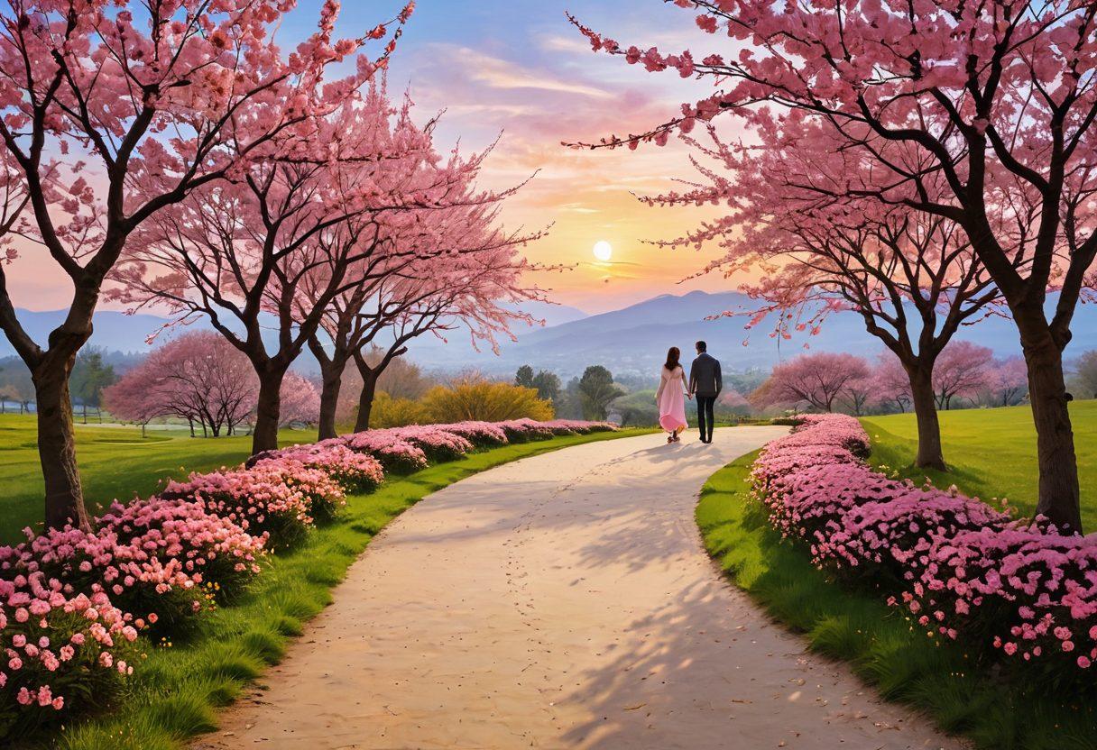 A journey of love depicted as a winding path, adorned with flowers and heart-shaped decorations. Along the path, silhouettes of couples from different stages of a relationship, from courtship to companionship, enjoying memorable moments together. Soft, warm colors create an inviting atmosphere, evoking feelings of romance and connection. Delicate cherry blossom trees provide a serene backdrop. painting. vibrant colors.
