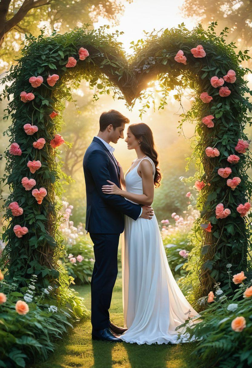 A warm, inviting scene depicting two people holding hands in a lush garden, surrounded by blooming flowers symbolizing growth and nurturing love. In the background, a soft sunset casts a golden hue, representing intimacy and warmth. Subtle symbols of commitment, like intertwined vines and heart shapes, are woven into the scene. Emphasize a feeling of connection and deep affection. super-realistic. vibrant colors. soft focus.